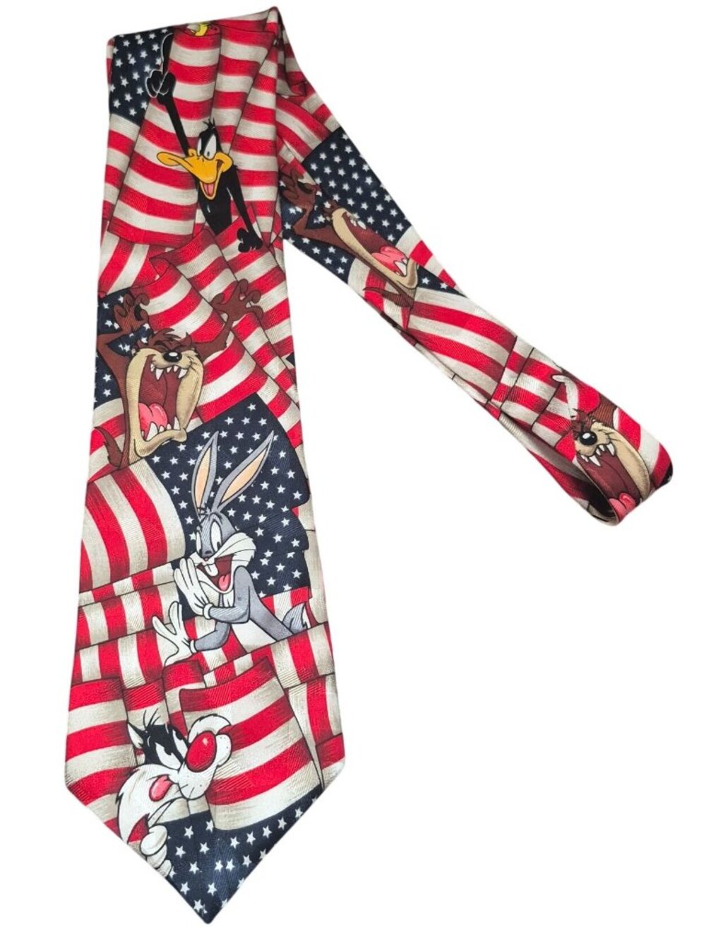 Vintage Looney Tunes Necktie USA Flag Patriotic Cartoons Warner Bros. 1995 Silk